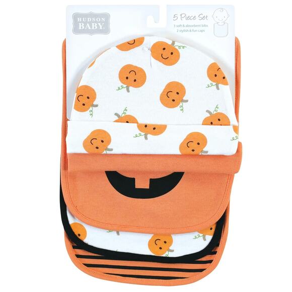 Hudson Baby Unisex Baby Cotton Bib & Headband or Caps Set Pumpkin One Size 0-6M - Picture 2 of 12